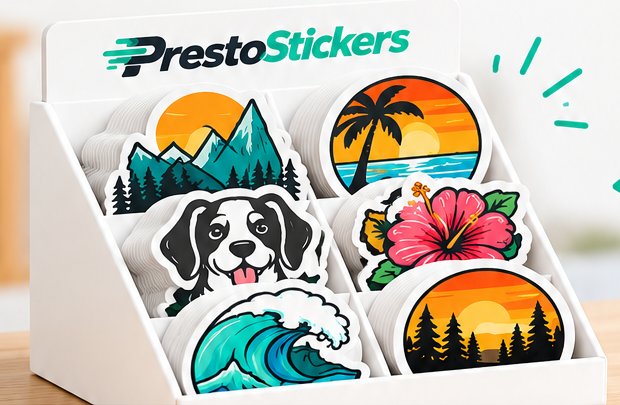 Countertop display of colorful die-cut stickers